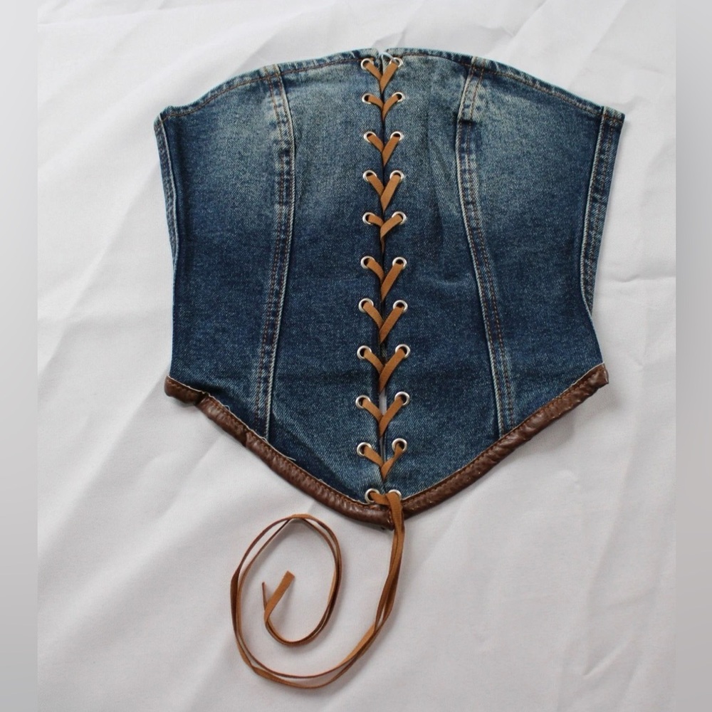 REVICE Denim Lace-Up Corset Crop Top in Blue and Brown
